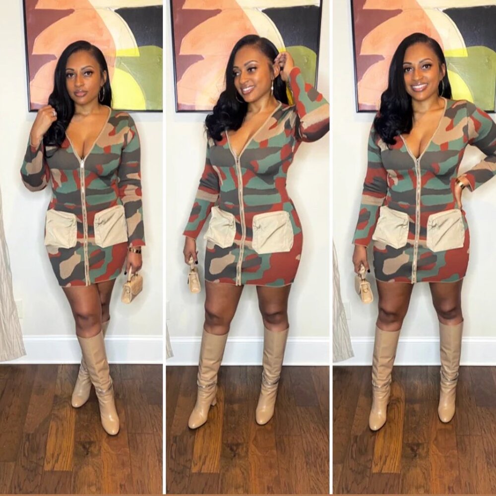 Rehab Lab | Zip Front Camo Army Military Style Bodycon Dress w/ Cargo Pockets